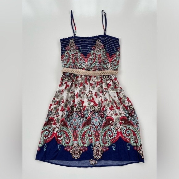 As U Wish Blue White Smocked Belted Paisley Summer Dress Size Small NWT - Picture 2 of 8